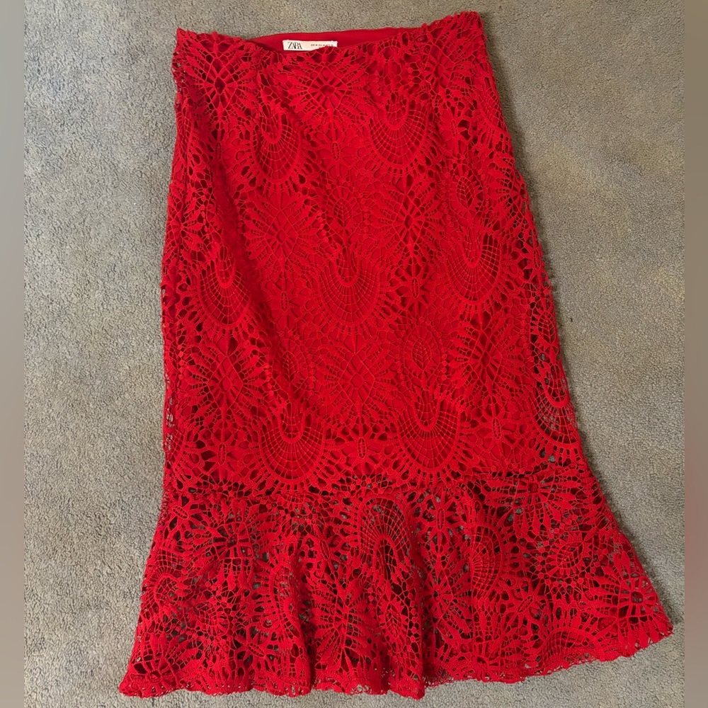 Zara Red Lace Midi Skirt